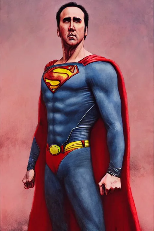 Image similar to Portrait of Nicolas Cage as superman, DC, dark fantasy, intricate, smooth, artstation, painted by Wayne Barlowe, Greg Rutkowski, Zdislav Beksinski