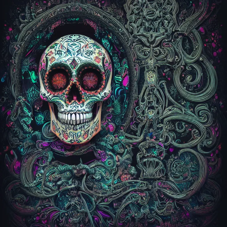 Image similar to a highly detailed photographic render of intricately carved sugar skull, psychedelic, black background, neon light, intricate ornament, gilding, horror, dark fantasy, beautifully lit, ray traced, octane 3D render in the style of Gerald Brom and James Gurney, sharp focus, HD, 8k