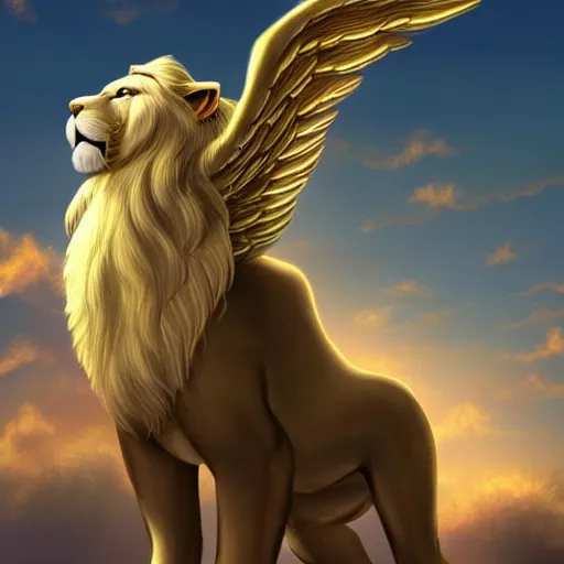 Image similar to a beautiful winged lion soaring through the sky, fantasy illustration