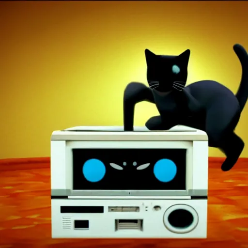 Image similar to nintendo 64 screenshot of a cute cat dancing in front of a Boombox, cute