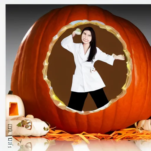 Image similar to A white girl with dark brown hair in lab coat lives inside a magical japanese hokaido pumpkin, hyperrealistic digital art