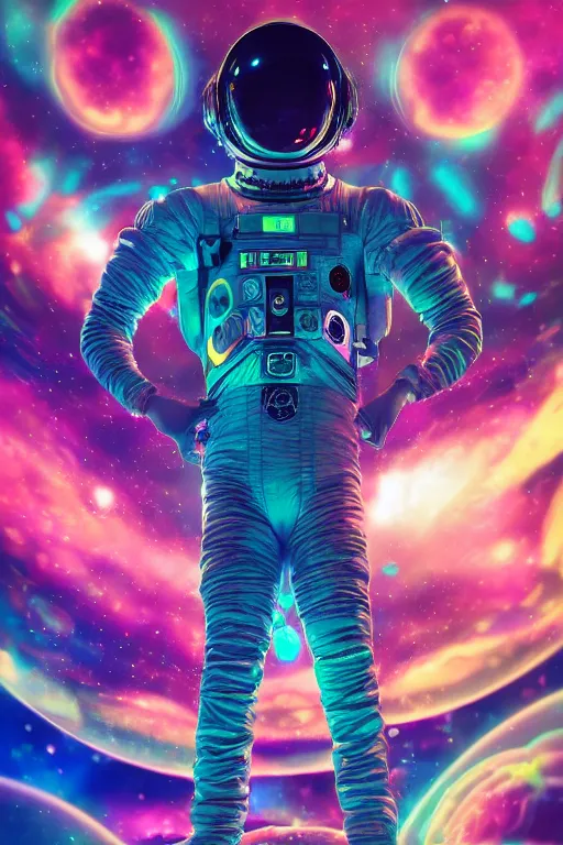 Image similar to psychedelic astronaut letting go of reality and experiencing the quantum feild, matte painting comic book art, cinematic, highly detailed, realistic, beautiful cosmic neural network, octane render, unreal engine, depth of field, trending on artstation, sharp focus, philosophical splashes of colors