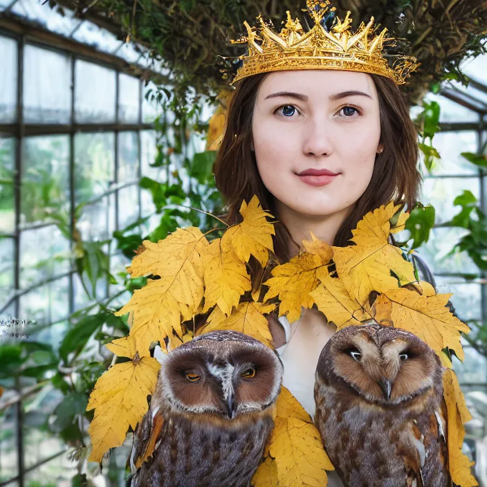 Prompt: portrait photograph of an extremely beautiful!!!! young female , symmetric face!, symmetric round detailed eyes!!, slight smile, natural light, wearing a yellow kimono!! with a very detailed barn owl! on her right shoulder in a tropical greenhouse. looking at the camera!!. golden crown made of golden leaves. super resolution. Extremely detailed. Graflex camera!, bokeh!!!!!.