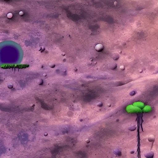 Prompt: surface of an alien planet with caves and purple alien trees t