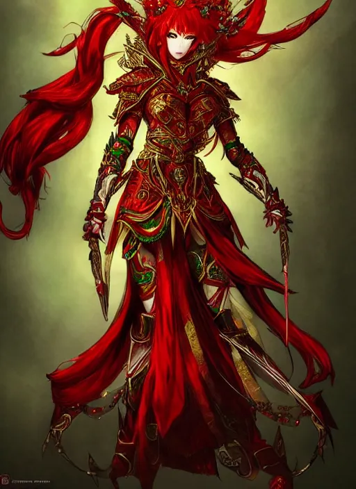 Image similar to Full body portrait of a beautiful red haired elven queen wearing red, green and gold ceremonial queen dress and elaborate golden crown. In style of Yoji Shinkawa and Hyung-tae Kim, trending on ArtStation, dark fantasy, great composition, concept art, highly detailed.