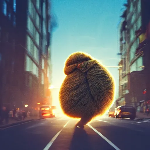 Prompt: colossal fluffy tardigrade, new york, golden hour, cinematic, action shot