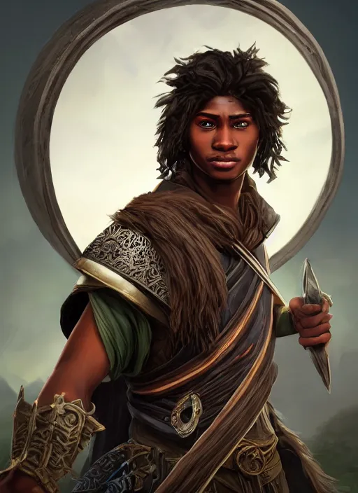 Image similar to An epic fantasy comic book style portrait painting of a young dark skinned long haired boy peasant with intelligent eyes in the style of the wheel of time, unreal 5, DAZ, hyperrealistic, octane render, cosplay, RPG portrait, dynamic lighting