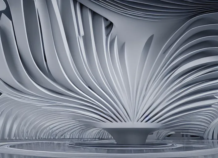 Image similar to designed by santiago calatrava ; highly detailed ultra sharp 3 d render villa interior cinematic composition of a smooth ceramic porcelain biomorphic magnolia stone nebula fluid fractal sci - fi surreal architecture