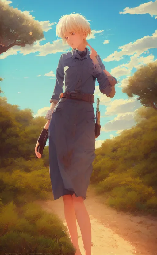 Image similar to a portrait of a female character on an arid forest, blue sky, clouds, vivid colors, soft lighting, atmospheric, cinematic, moody, in the style of ilya kuvshinov and range murata, krenz cushart, rule of thirds, oil on canvas, 8 k