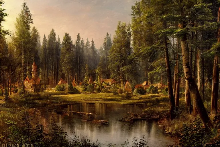 Image similar to A beautiful painting of russian village in dark forest by ivan shishkin and arkhip kuindji, trending on artstation,matte painting