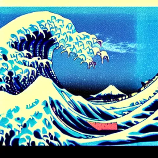 Image similar to vaporwave great wave of kanagawa, outrun, 90s style