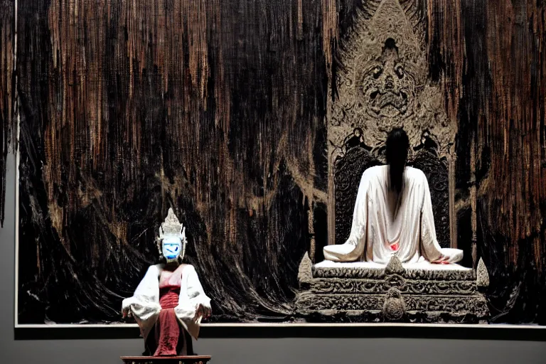 Prompt: vampire queen sitting on a throne in the abandoned buddhist temple, omnious, eerie, magnificent, wow, intricate, by nicola samori, by ryoji ikeda