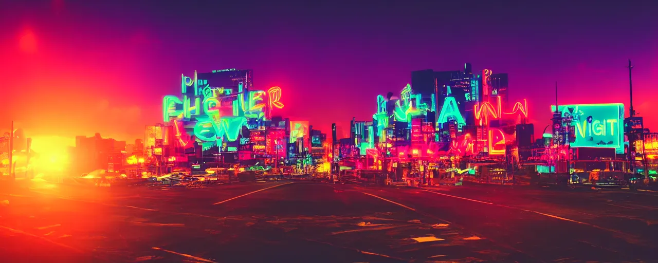 Image similar to night city, neon lights, glow signs , retrowave style, sunset