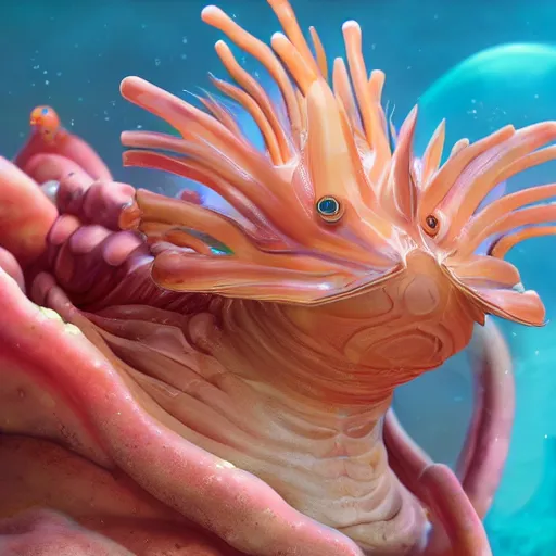 Image similar to close-up of a sea slug looking like fantasy characters in its habitat, trending on artstation