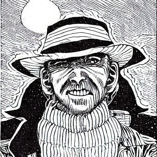 Prompt: old cowboy in the arctic, illustration by junji ito