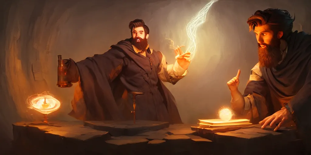 Prompt: a handsome bearded caucasian male sorcerer with brown hair, he is in a alchemist lab, casting a spell from a floating book, action pose, digital art, concept art, epic composition, 4 k, super coherent, by dave melvin and greg rutkowski