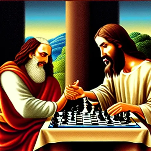 Image similar to God playing a game of chess with Jesus