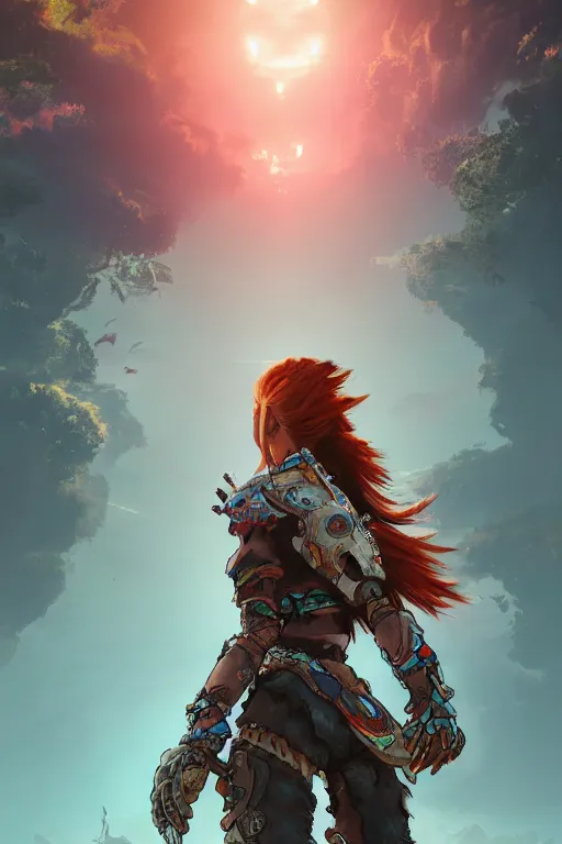 Image similar to combination suit armor aloy horizon forbidden west horizon zero dawn radiating a glowing aura global illumination ray tracing hdr fanart arstation by ian pesty and alena aenami artworks in 4 k tribal robot ninja mask helmet backpack