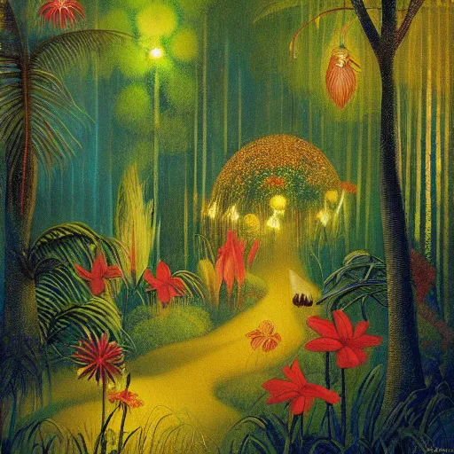 Image similar to an enchanted forest full of tropical flowers and fireflies, by agnes lawrence pelton