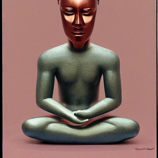 Image similar to incredible rose gold by john duncan. a conceptual art of a man with a large head, sitting in a meditative pose. his eyes are closed & he has a serene look on his face. his body is made up of colorful geometric shapes & patterns that twist & turn in different directions.