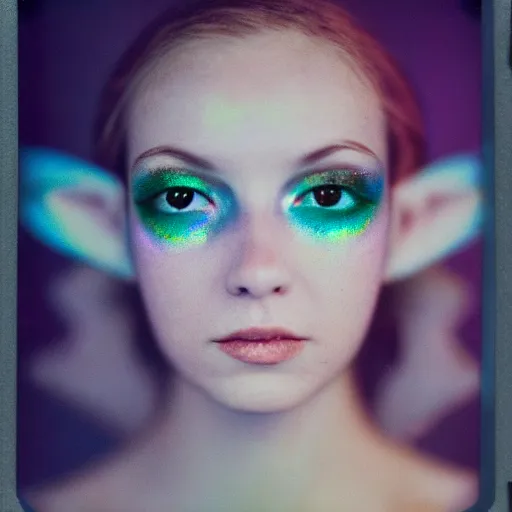 Image similar to grainy color polaroid of a beautiful alien, feminine, iridescent eyes, intricate detail, sigma 85mm f/1.4, 4k