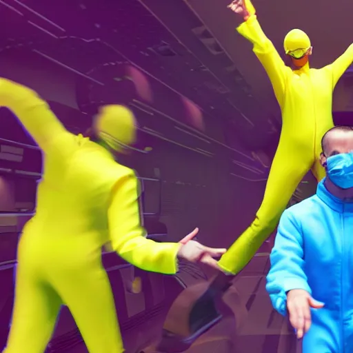 Image similar to futuristic world with people wearing yellow jump suits, 8 k resolution, cinematic lighting, anatomically correct