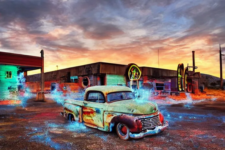 Image similar to a sunset light landscape with historical route 6 6, lots of sparkling details and sun ray ’ s, blinding backlight, smoke, volumetric lighting, colorful, octane, 3 5 mm, abandoned gas station, old rusty pickup - truck, beautiful epic colored reflections, very colorful heavenly, softlight