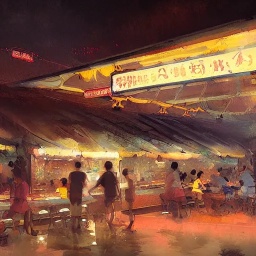 Image similar to a singaporean hawker centre at night, by greg rutkowski, digital art, award - winning