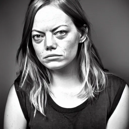 Image similar to Emma Stone homeless mugshot portrait. Faces of Meth.
