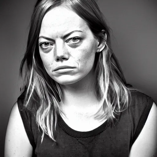 Prompt: Emma Stone homeless mugshot portrait. Faces of Meth.