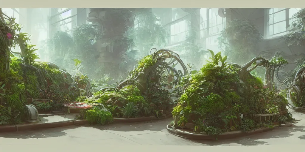 Image similar to two seats made of plants in a completely back room concept art in space octane render by jesper ejsing james jean ju