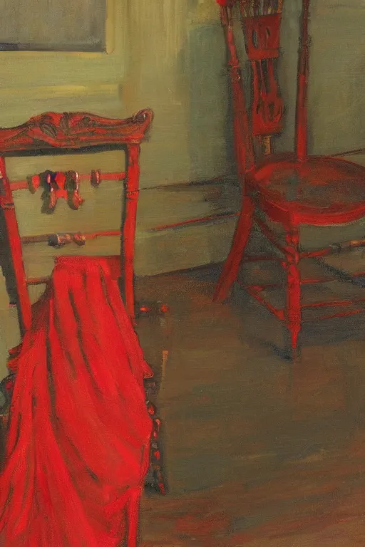 Prompt: an empty red dress laid across a chair in a dark victorian era room. in the style of american impressionism painting. triadic color scheme