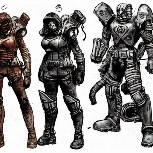 Image similar to fallout 5, concept art drawings of the opening scene, storyboard, concept art, comic style, female protagonist and feline companion, both wearing some kind of body armour, atmospheric lighting, painted, intricate, volumetric lighting, beautiful, gritty, rich deep colours masterpiece, sharp focus, ultra detailed by jack kirby, ignacio fernandez rios, thierry doizon