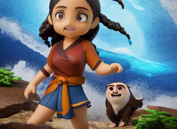 Prompt: katara from avatar as nendoroid is summoning a giant wave, in the croods movie style, anime, disney, pixar, 8 k, hd, dof, kodak film, volumetric lighting, subsurface scattering, photorealistic, octane render, details