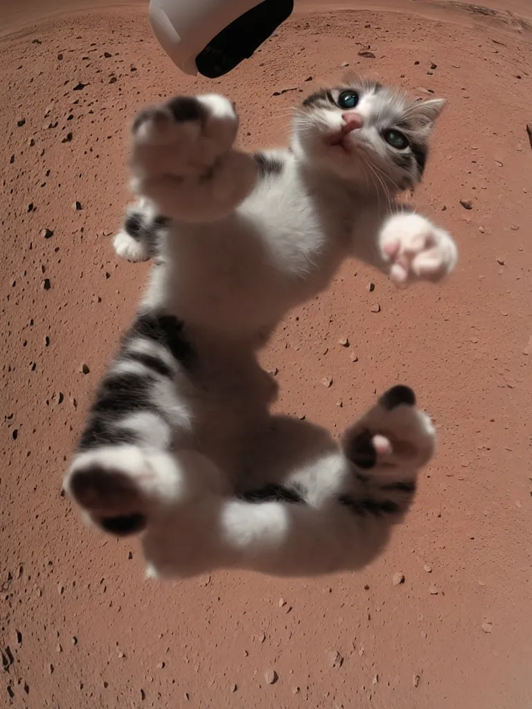 Prompt: gopro footage of a kitten wearing a realistic spacesuit on mars