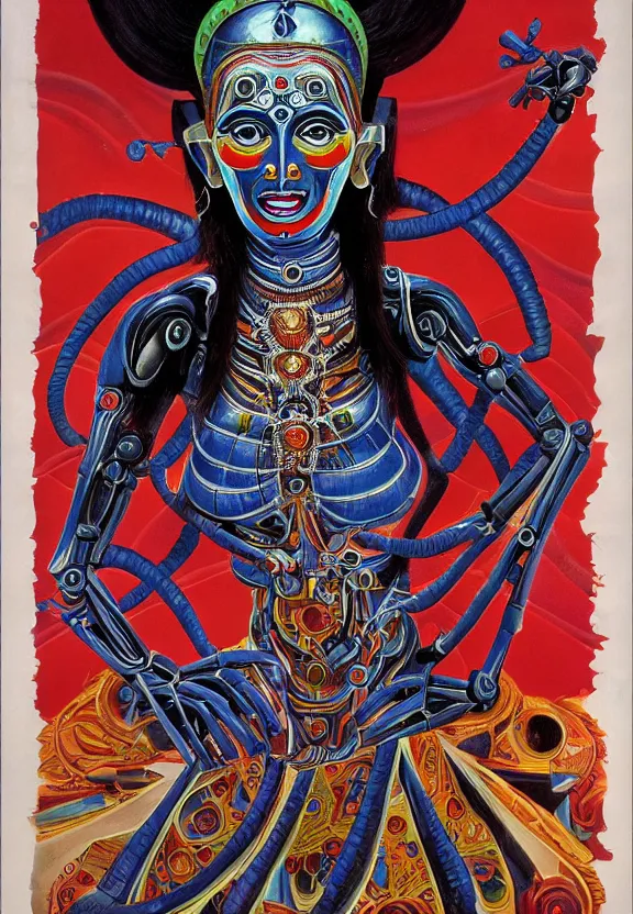 Prompt: a perfectly centered symmetrical portrait of a biomechanical alien robot goddess kali, female, intense stare, sarcastic smile, symmetrical, concept art, intricate detail, volumetric shadows and lighting, realistic oil painting, 1 9 7 0 psychedelic soviet poster,
