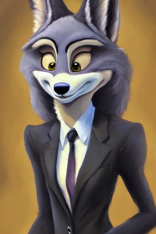 Image similar to oil painting of anthromorphic female wolf, in style of zootopia, female fursona, furry, furaffinity, 4 k, deviantart, furry art, fursona art, wearing black business suit, business suit, wolf fursona, female, very expressive detailed feminine face,