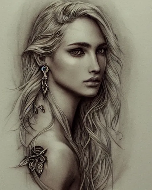 Prompt: tattoo sketch of beautiful greek goddess aphrodite with arrowhead earrings, beautiful piercing eyes, flowing blonde hair, realistic face, hyper realistic, in the style of greg rutkowski, fantasy, amazing detail, epic, intricate, elegant, smooth, sharp focus