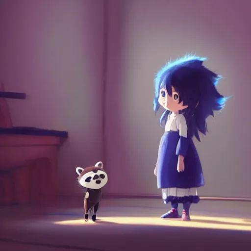 Image similar to a wholesome animation key shot of a dark blue haired girl with a raccoon tail, medium shot, studio ghibli, pixar and disney animation, sharp, rendered in unreal engine 5, anime key art by greg rutkowski, bloom, dramatic lighting