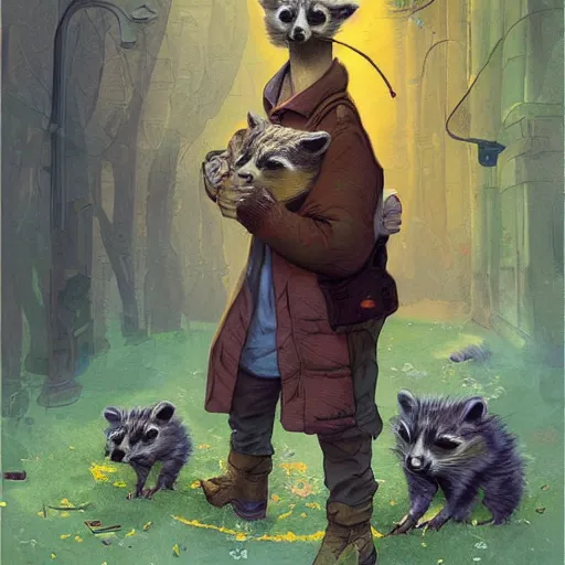 Prompt: Frank Dillane petting raccoons, digital painting, old english, whimsical background by marc simonetti, artwork by liam wong