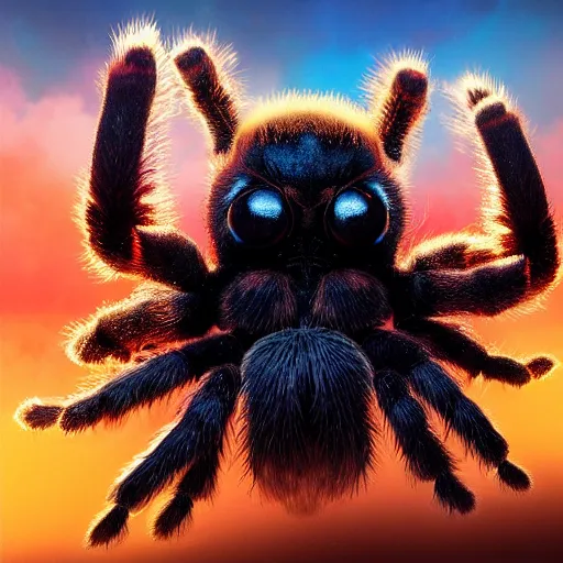 Image similar to colossal fluffy happy tarantula, golden hour, fantasy, vivid colors, sharp focus, digital art, hyper - realistic, 4 k, unreal engine, highly detailed, hd, dramatic lighting by brom, trending on artstation