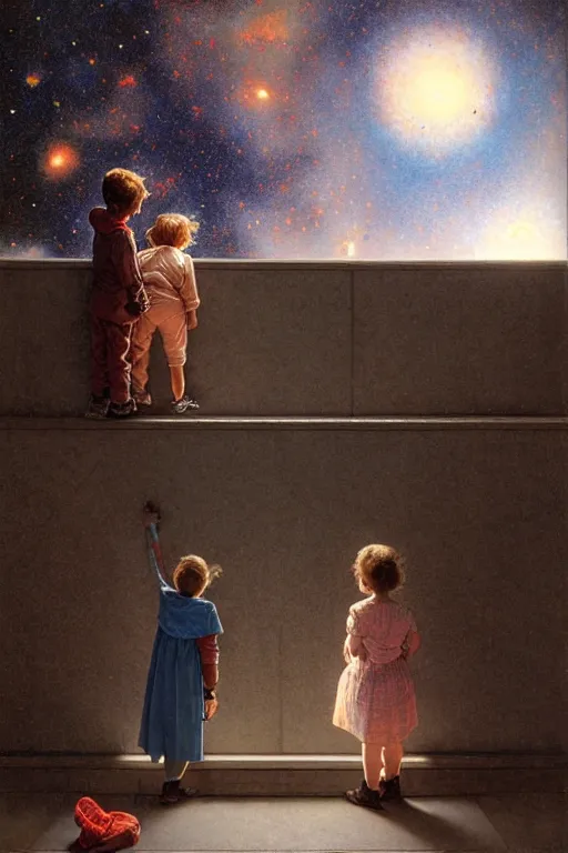 Prompt: a 5 year old boy and 1 2 year old girl looking at a wall and viewing the universe full of galaxies, part by norman rockwell, part by greg rutkowski, part by mattias adolfsson, high angle, ( ( ( ( volumetric lighting ) ) ) ), oil on canvas