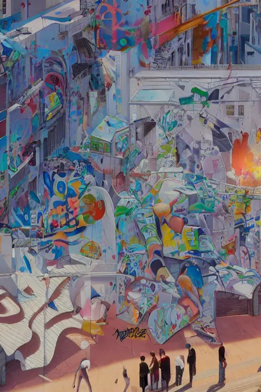 Image similar to people in a busy city people looking at a white building covered with a 3d graffiti mural with paint dripping down to the floor, professional illustration by artgerm, painterly, yoshitaka Amano, hiroshi yoshida, moebius, loish, painterly, and james jean, illustration, sunset lighting