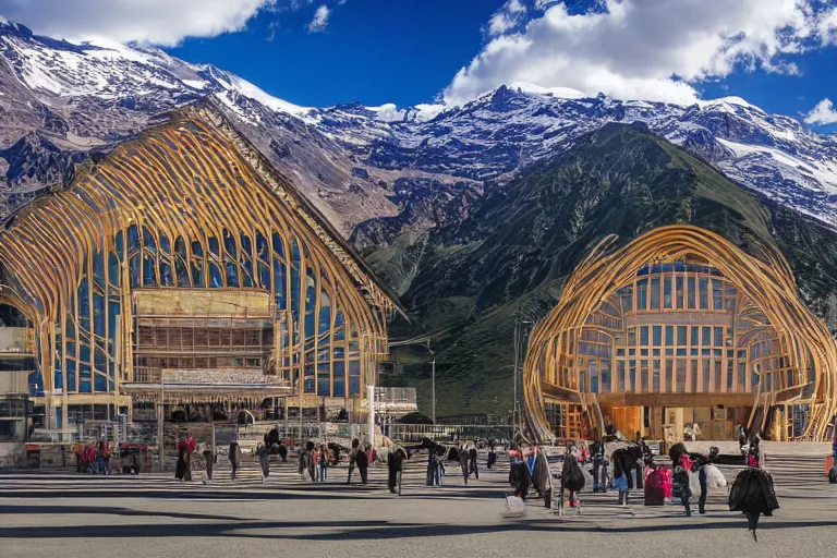 Image similar to architecture photo modern fachwerk opera building settlement with Elbrus mountain on the background, architecture, photorealism 8k , shining and happy atmosphere, uplight, high details