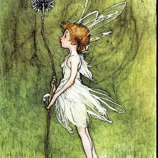 Image similar to a beautiful fairytale painting of a dandelion seed that is also a fairy. the dandelion seed is the body of the fairy. beautiful clear painting by arthur rackham