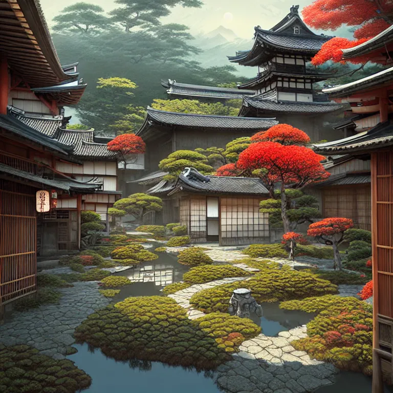 Image similar to old japanese town with garden viewed from harbor, d & d digital painting, ultra realistic, beautiful, volumetric lighting, warm colors advance, cell shading, by james jean, greg rutkowski,