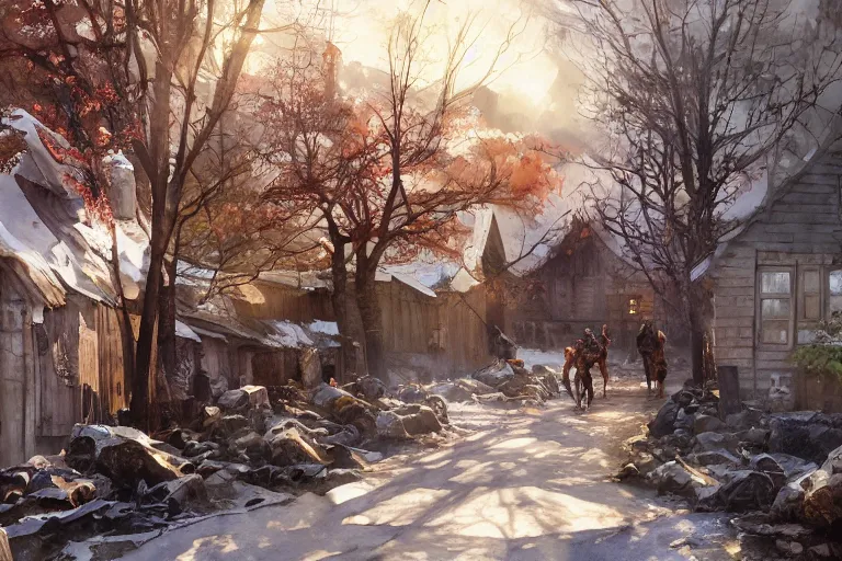 Image similar to watercolor painting of rustic village street, mud, scandinavian mythology, ambient lighting and shadows, art by hans dahl, by jesper ejsing, art by anders zorn, wonderful masterpiece by greg rutkowski, cinematic light, american romanticism by greg manchess, creation by tyler edlin