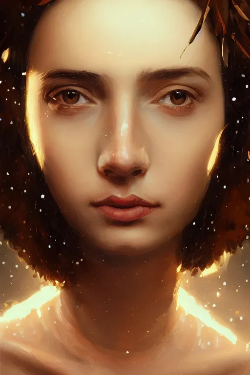 Image similar to portrait of spanish girl with feather background, staring directly into camera, intricate, elegant, glowing lights, highly detailed, digital painting, artstation, sharp focus, illustration, art by wlop, mars ravelo and greg rutkowski