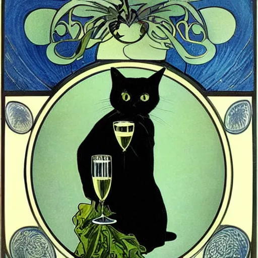 Image similar to a black cat with green eyes, holding a champagne flute filled with blue liquid, green background, in the style of Alphonse Mucha