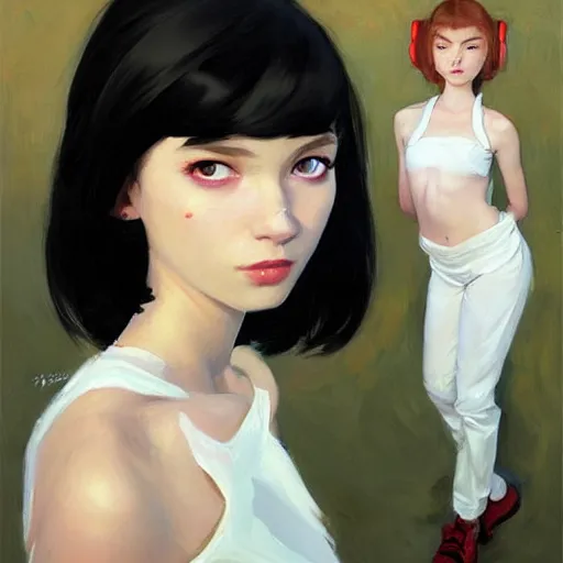 Prompt: greg manchess portrait painting of white pale skinny young girl 1 8 with long black hime haircut as overwatch character, and two cats beside, medium shot, asymmetrical, profile picture, organic painting, sunny day, matte painting, bold shapes, hard edges, street art, trending on artstation, by huang guangjian and gil elvgren and sachin teng